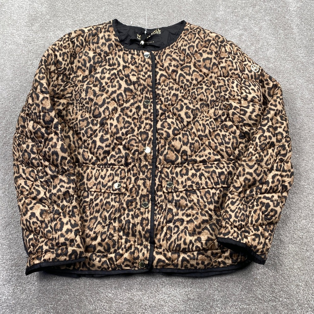 Michael Kors Quilted Puffer Jacket Womens Medium Leopard Print Packable Brown